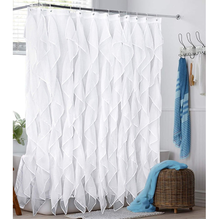 Mercer41 White Ruffle Shower Curtain Fabric/Cloth Farmhouse Bathroom